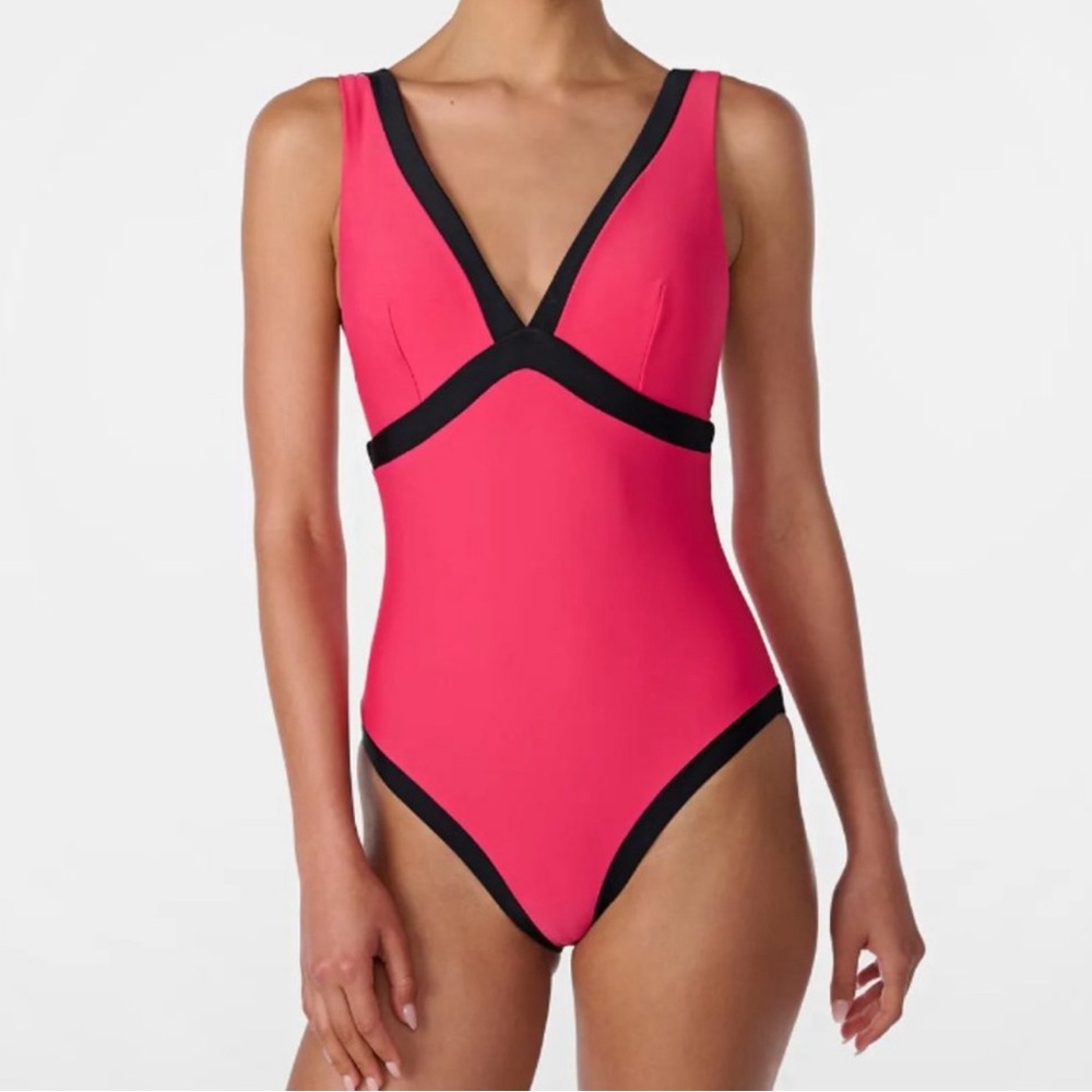 Karl Lagerfeld Paris Marion Plunge-Neck One-Piece Swimsuit Raspberry Size XS NEW